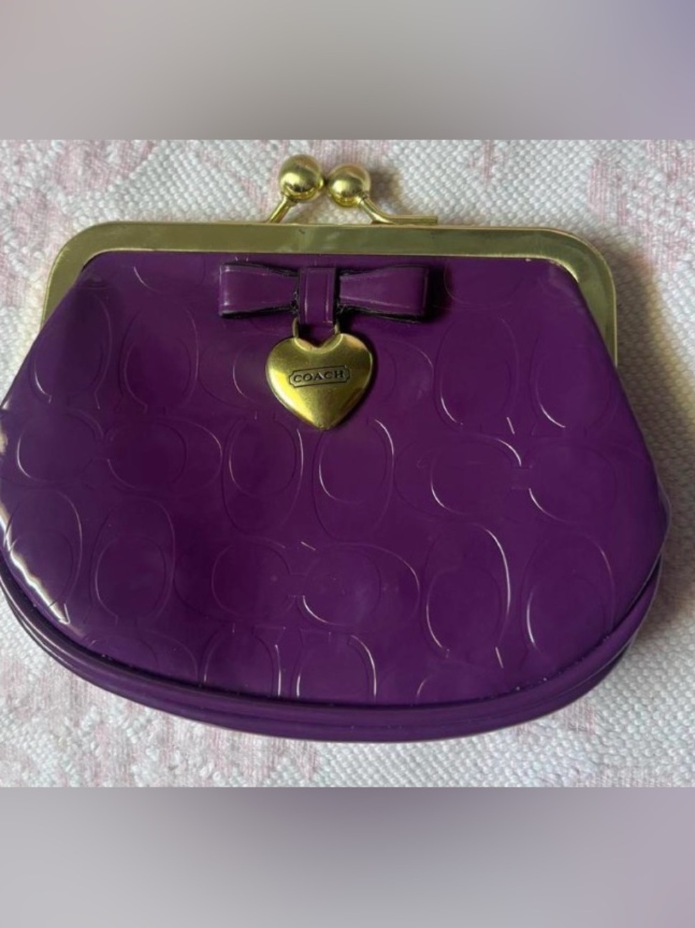 Coach Purple Patent Leather Kiss-Lock Coin Purse with Heart Charm